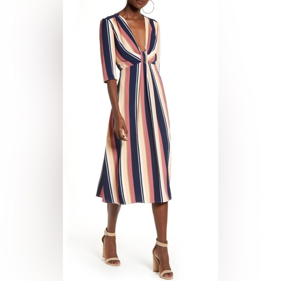 NWT Leith Deep V-Neck Stripe Midi Dress | Size Medium | Nordstrom Exclusive - Picture 1 of 13